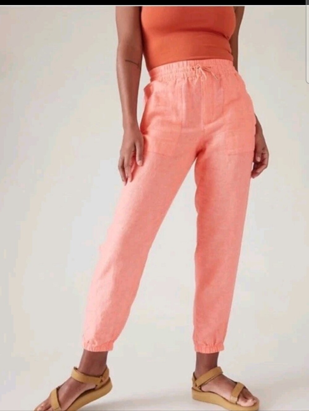 Athleta Retreat 100% Linen Capri Jogger Coral Sunset Glow Adjustable Size 12